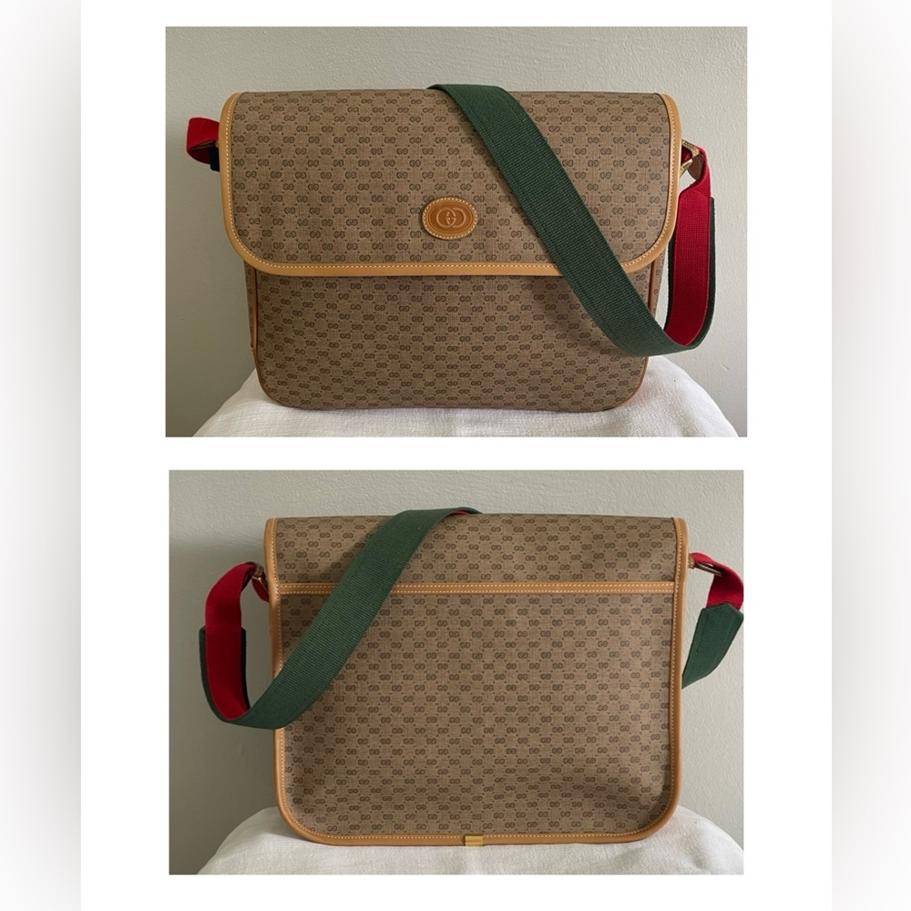 Pristine Vtg Gucci Tan PVC Micro GG Monogram Messenger Shoulder Bag & Pouch - Picture 3 of 16
